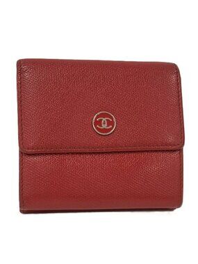 Chanel W Hook Trifold Wallet Coco Button Leather Red